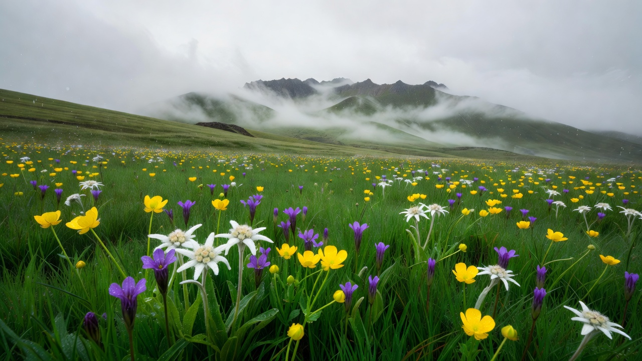雨季滇西北高山草甸云雾翻涌，湿漉漉的草花与远处若隐若现的山脊
